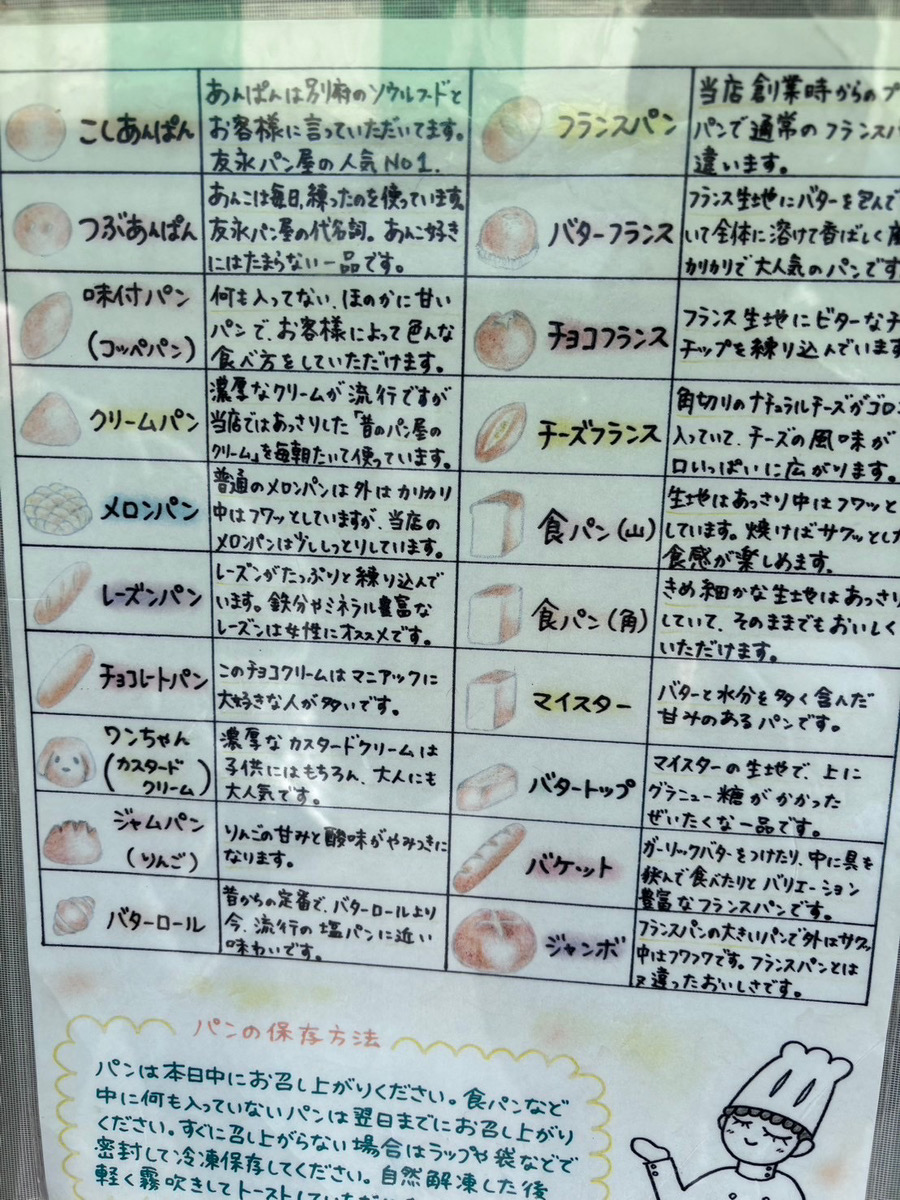 別府の人気パン店【友永パン屋】壁に貼られた、かわいい描きメニュー